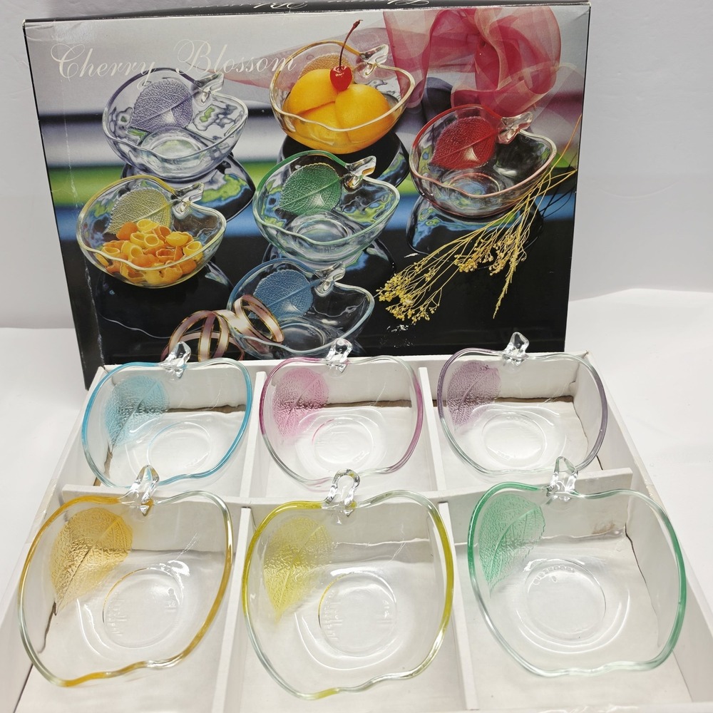 VINTAGE CHERRY BLOSSOM Glass Apple Shaped BOWLS WITH COLORED LEAF SET OF  6 New